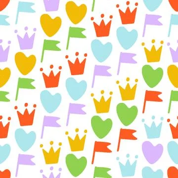 Hearts Crowns Flags Seamless Pattern. Vector seamless dithering pixel style.. Stock Illustration