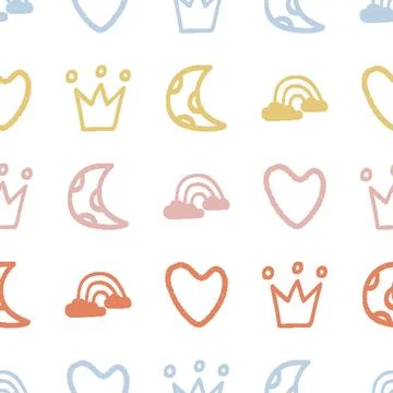 Hearts Crowns Moons Rainbows Seamless Pattern. Vector seamless dithering pi.. Stock Illustration
