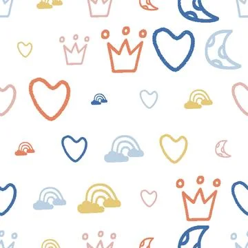 Hearts Crowns Rainbows Seamless Pattern. Vector seamless dithering pixel st.. Stock Illustration