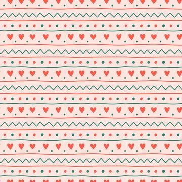 Hearts, dots, horizontal stripes seamless Christmas pattern 库存插图