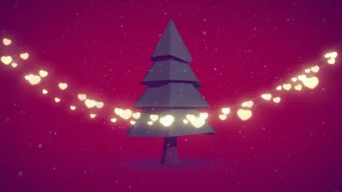 Hearts emerging and drifting into light string decorating tree on red gradient Stock Footage 319342828