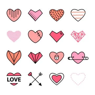 Hearts flat and line icon pink color set Stock Illustration