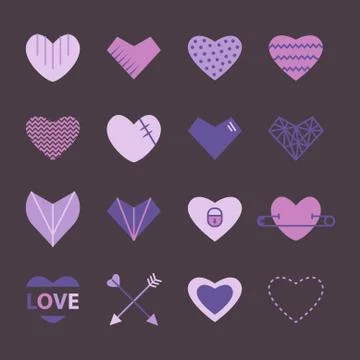 Hearts flat icon set in purple and pink color Stock Illustration