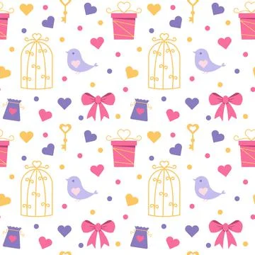 Hearts, gift box, key, cage, bird Stock Illustration
