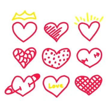 Hearts hand drawn set. Marker, child draw, hatch Stock Illustration