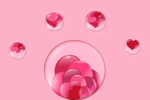 Hearts lie inside a transparent glass sphere, around fly bubbles with hearts  Stock Illustration