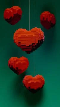 Hearts made of cubes hanging on strings with hearts in the scene in front a.. 스톡 일러스트