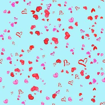 Hearts Pattern On Light Blue Background. Hand Drawn Seamless Illustration. Stock Illustration