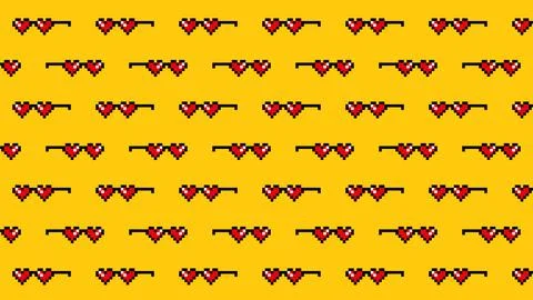 Hearts pixel sunglasses seamless pattern on yellow Stock Illustration