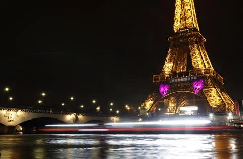 Hearts projected on Eiffel Tower in Paris for Valentines Day, France - 14 Feb 20 Stock Photos