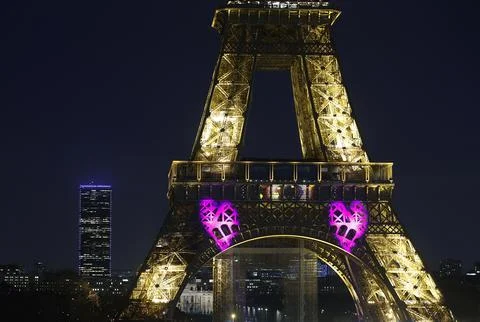 Hearts projected on Eiffel Tower in Paris for Valentines Day, France - 14 Feb 20 Stock Photos