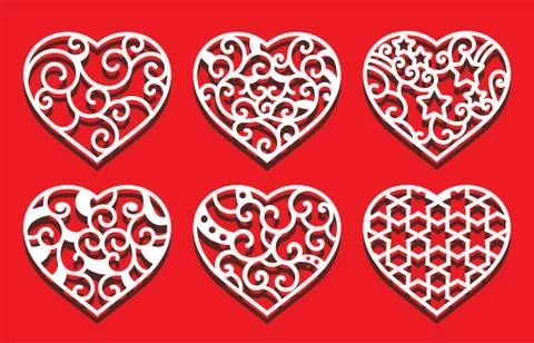 Hearts on the red background for laser cutting. Set of white ornamental hearts Stock Illustration