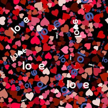 Hearts seamless pattern on a black background. Dense pattern. Multicolored he Stock Illustration