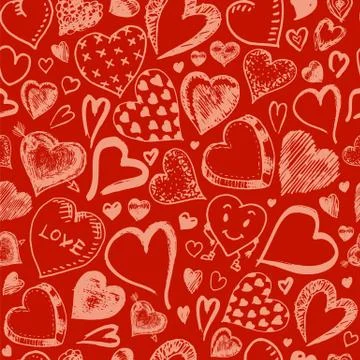 Hearts Seamless pattern. Doodle Valentine. Love symbol. Engraved hand drawn Stock Illustration