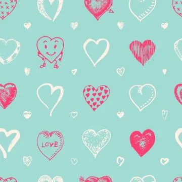 Hearts Seamless pattern. Doodle Valentine. Love symbol. Engraved hand drawn 스톡 일러스트