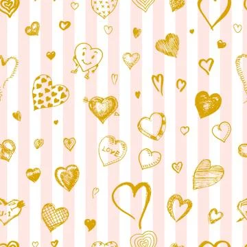 Hearts Seamless pattern. Doodle Valentine. Love symbol. Engraved hand drawn Stock Illustration