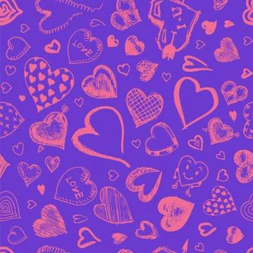 Hearts Seamless pattern. Doodle Valentine. Love symbol. Engraved hand drawn 스톡 일러스트