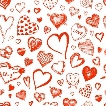 Hearts Seamless pattern. Doodle Valentine. Love symbol. Engraved hand drawn 스톡 일러스트