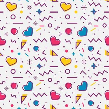 Hearts seamless pattern in Memphis style. 스톡 일러스트