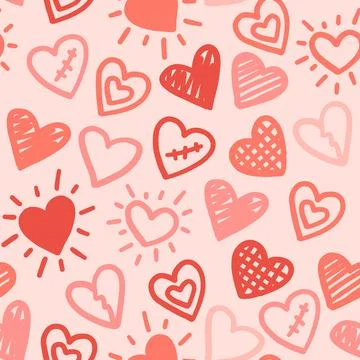 Hearts seamless pattern. Vector love red pink hand drawn background. Stock Illustration