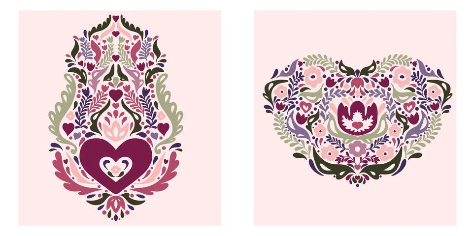 Hearts set. Folk-style pattern, symmetrical, detailed, vector element. Rustic Stock-Illustration
