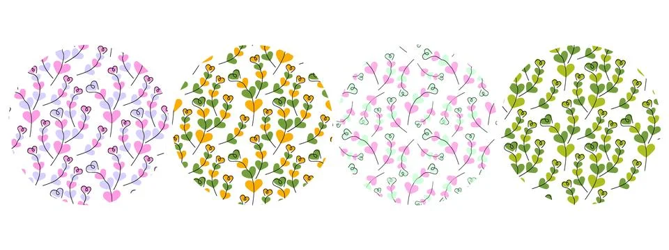 Hearts shape twigs Pattern on Circle Backdrops in Various Palettes Valentines or Stock Illustration