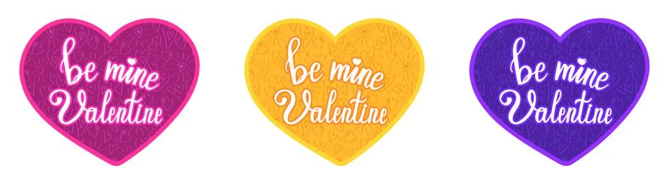 Hearts with text and doodle pattern sticker pack Stock Illustration