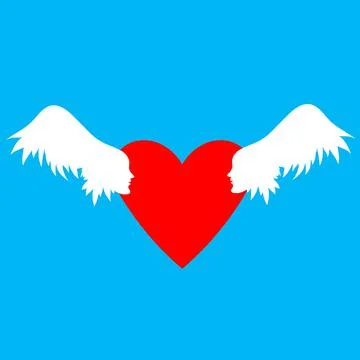 Hearts with wings, sky clouds. Pair of wide-spread angel wings and a pink hea Illustrazione stock