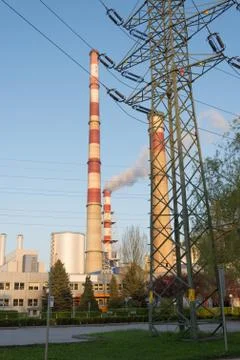 Heat and power plant electric line chimneys 12 Stock Photos