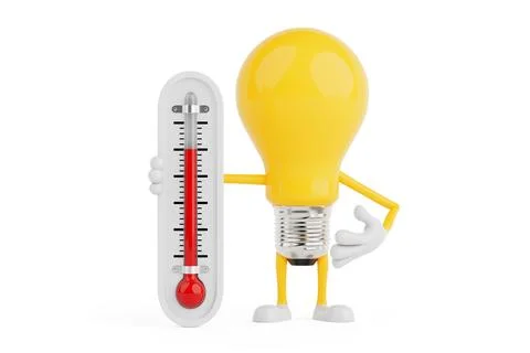 Heat Concept And High Temperature. Yellow Light Bulb Character Holding Ther.. Ilustração Stock