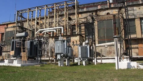 Heat electropower station. Transformers (outdoor switchgear) Stock Footage