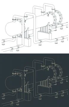 Heat exchanger pipeline system technical isometric blueprints Stock Illustration