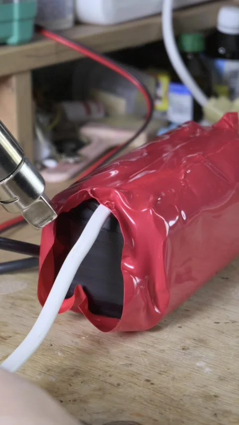 Heat Gun Shrinking Red Wrapper On Lithium Battery Pack During DIY Assembly Stock-Footage 329805949