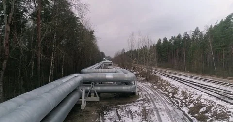 Heat pipes in the forest at cloudy day. Aerial footage. Stock Footage 84046815