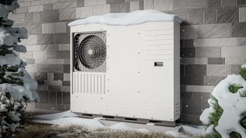 A heat pump against a wall covered with snow. 3d render showing renewable ene Stock Footage 234891859