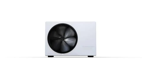 Heat pump with fast spinning propeller - plain white background - 3D render.. 스톡 동영상 305827715