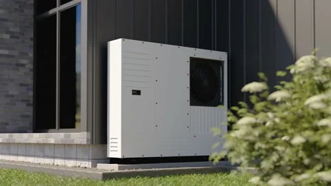 Heat pump installed at the wall of a single-family house 3d render showing re Stock-Footage 234891795