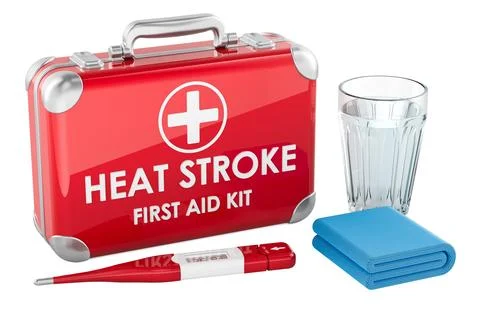 Heat stroke first aid kit with thermometer water and cooling towel. 3D rend.. Stock Illustration