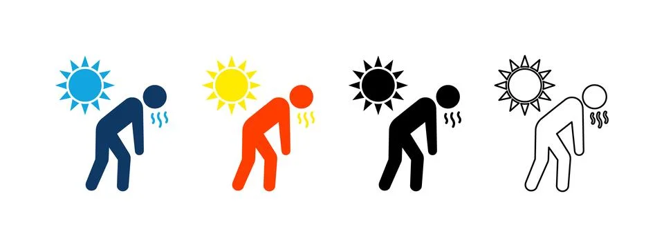 Heat stroke solid icon set. Featuring exhausted stick figures sweating unde.. Stock Illustration