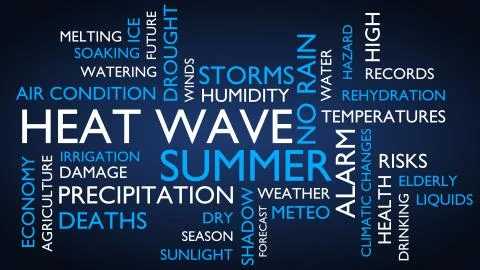 Heat wave word tag cloud. 3D rendering, blue variant. Illustrazione stock