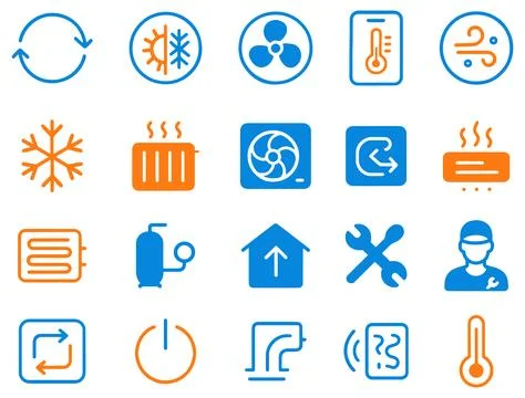 Heating and cooling system icon set climate control power switch and fan sy.. Illustrazione stock