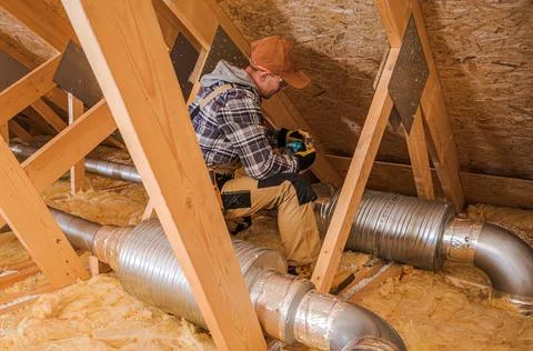 Heating and Cooling Technician Installing System Elements Stock Photos