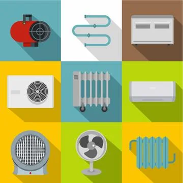 Heating convector icon set, flat style Illustrazione stock