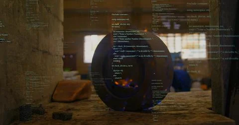 Heating cylindrical pipe with blue flame on bench at workshop, blurred worker in Stock Photos