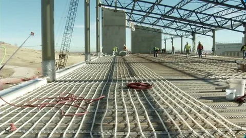 Heating is distributed under a building through radiant piping during Vídeo Stock 74830239