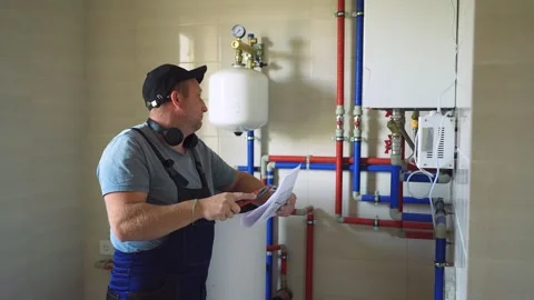 Heating equipment malfunctions and issues in winter. Handyman stands near water Video stock 319506778