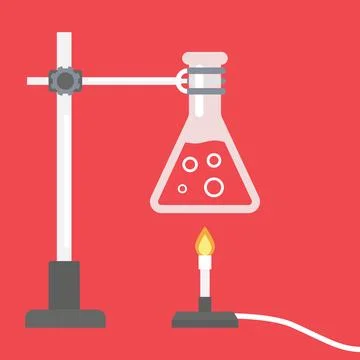Heating Erlenmeyer Flask Over Bunsen Burner on Red Background Ilustração Stock