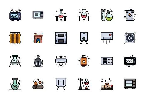 Heating Essential Vector Set including 24 Pixel Optimized Line Filled 128x1.. Stock Illustration