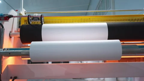 Heating foil sheet on rollers to cover window sills in workshop Stock Footage 304395680