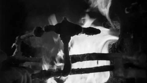 Heating of massive steel piece black white footage  Video stock 292960444